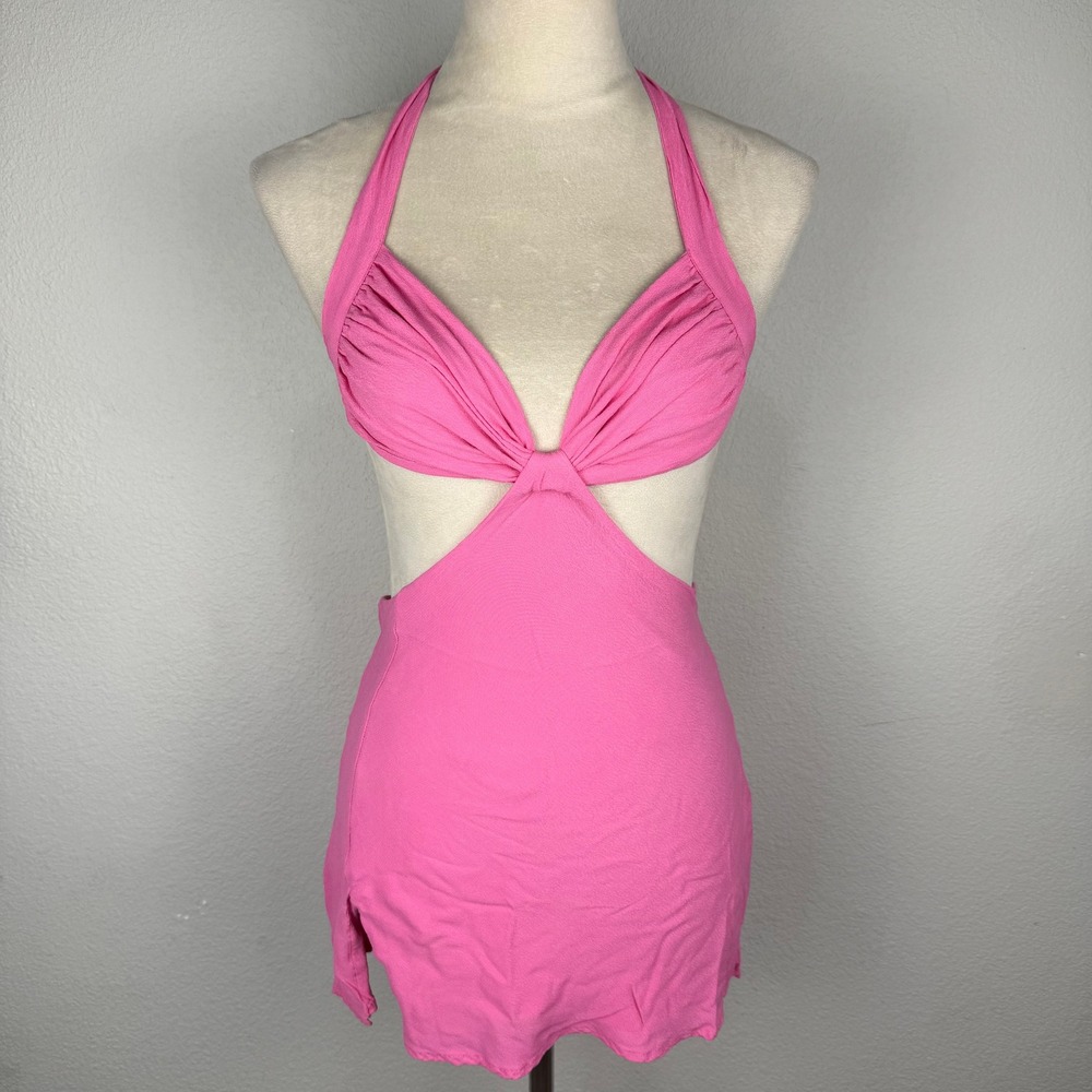 Babyboo Kamilla Mini Dress Pink Halter Cutout 3 Ties Sz XS Vibrant Summer Party - Picture 1 of 9